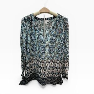 J. Jill Blue and Cream Printed V-Neck Long Sleeve Top Size Small P boho